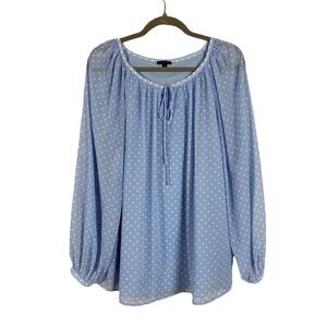 Talbots Shirred Tie Neck Polka Dot Top Blouse Womens M Blue White Long Sleeves